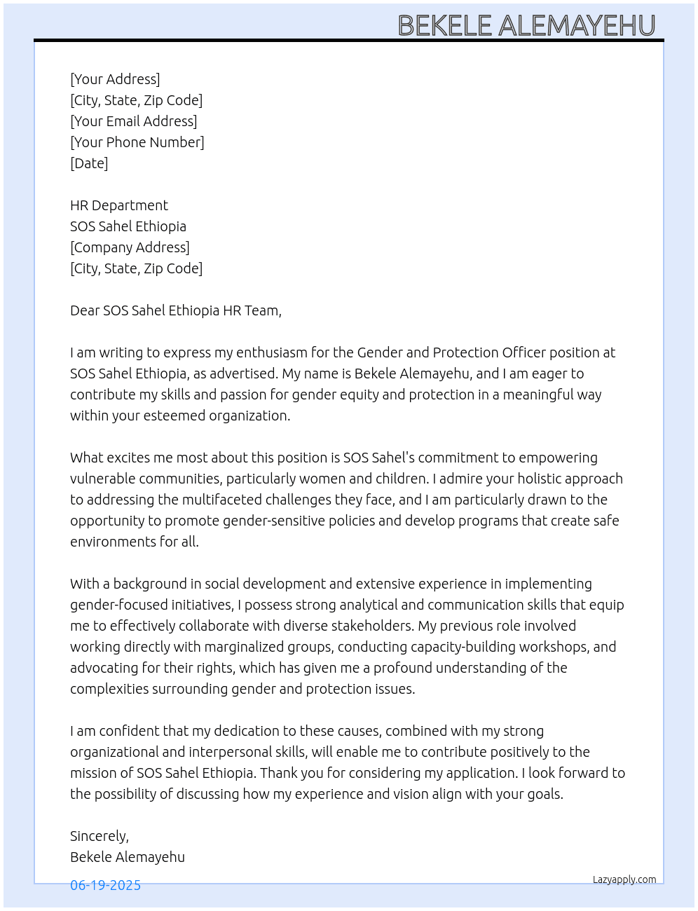 Gender and Protection officer  At SOS Sahel Ethiopia Cover Letter