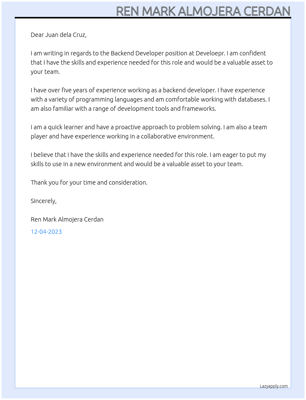 Backend Developer At Develoepr Cover Letter