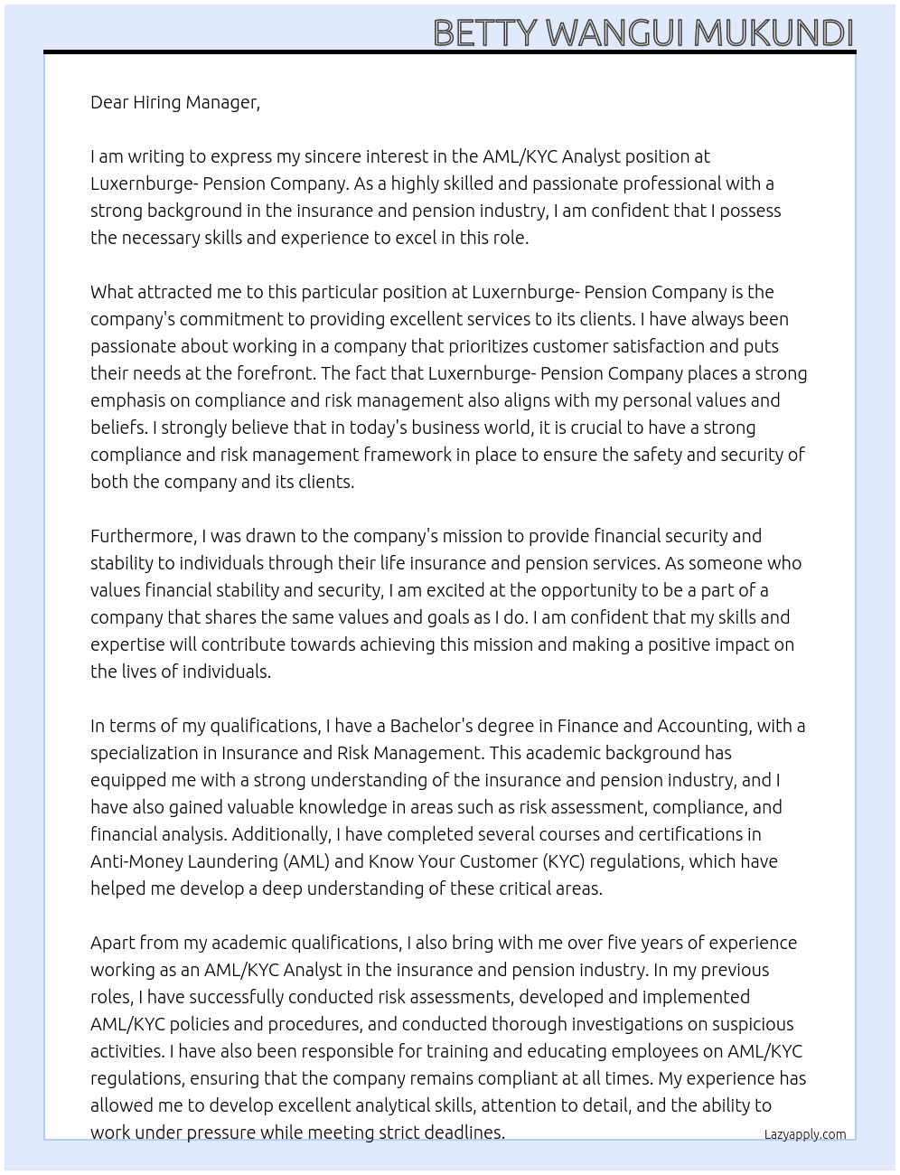 AML/KYC ANALYST – LIFE INSURANCE & PENSION COMPANY At Luxernburge- pension company Cover Letter