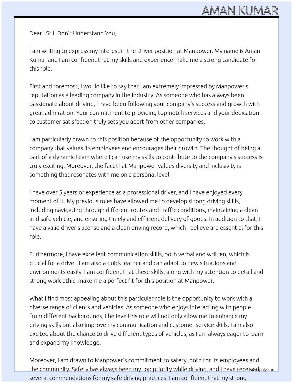 Driver  At Manpower  Cover Letter