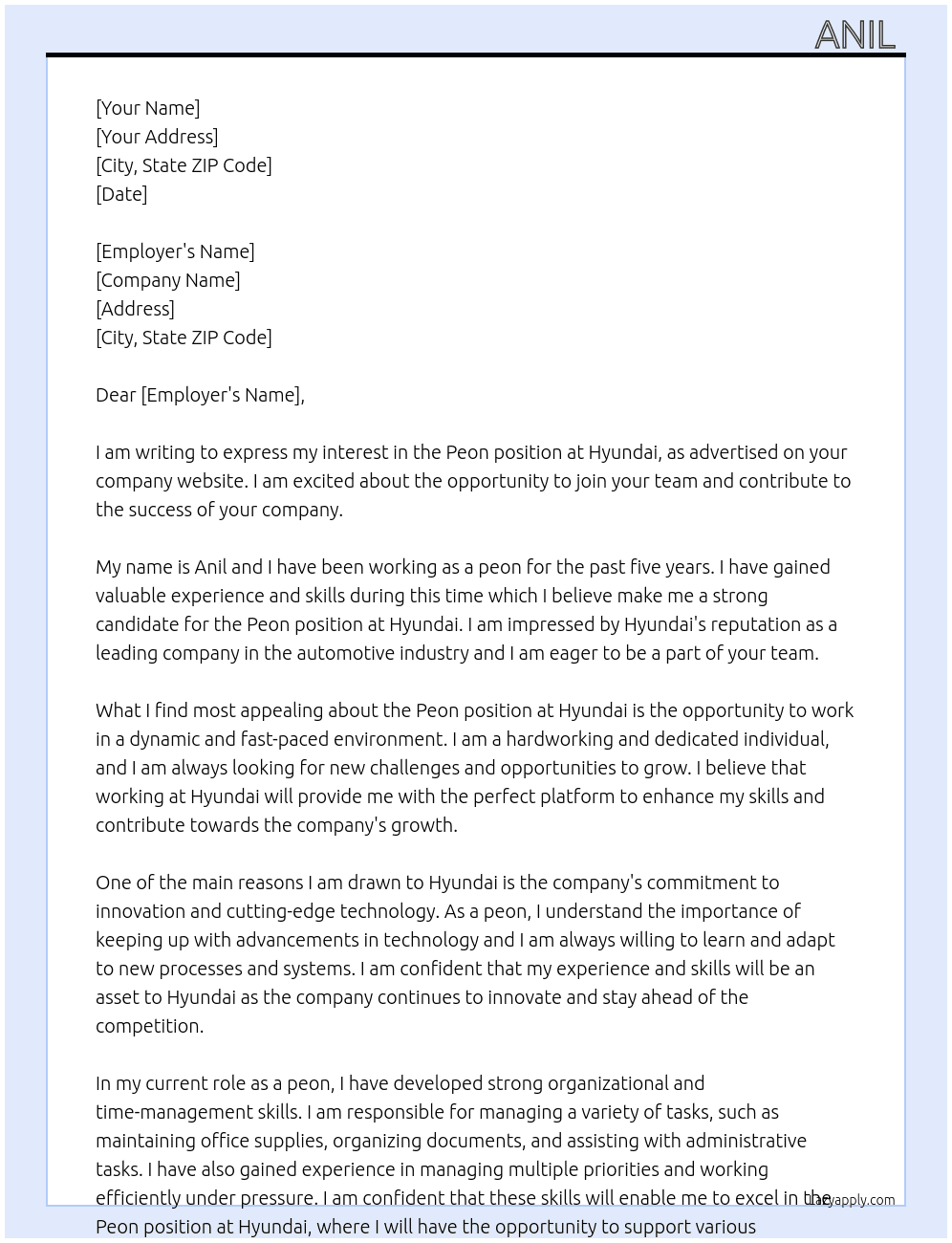 Peon  At Hyundai  Cover Letter