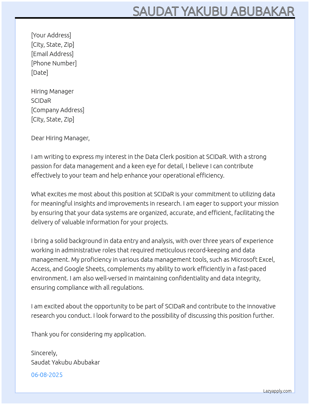 Data Clark At SCIDaR Cover Letter