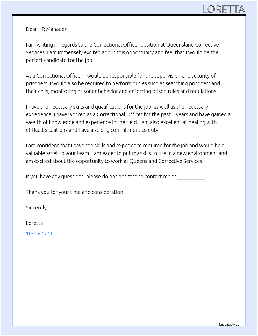 Correctional Officer At Queensland Corrective Services Cover Letter