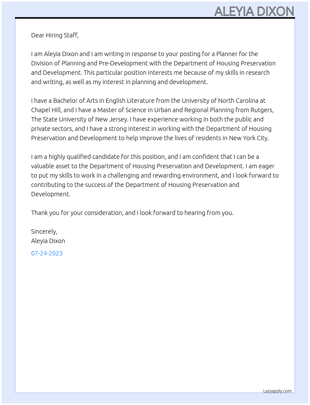 Planner for the Division of Planning and Pre-Development At Department of Housing Preservation and Development Cover Letter