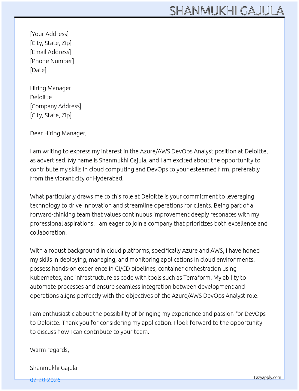 Cover letter for azure/aws devops analyst - LazyApply
