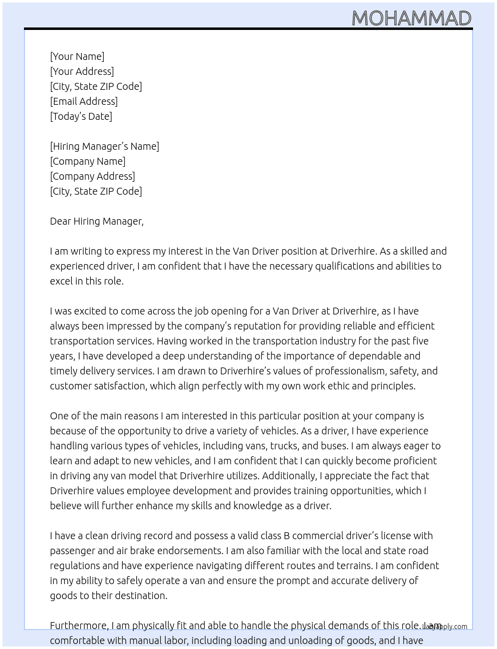 Van Driver At Driverhire Cover Letter