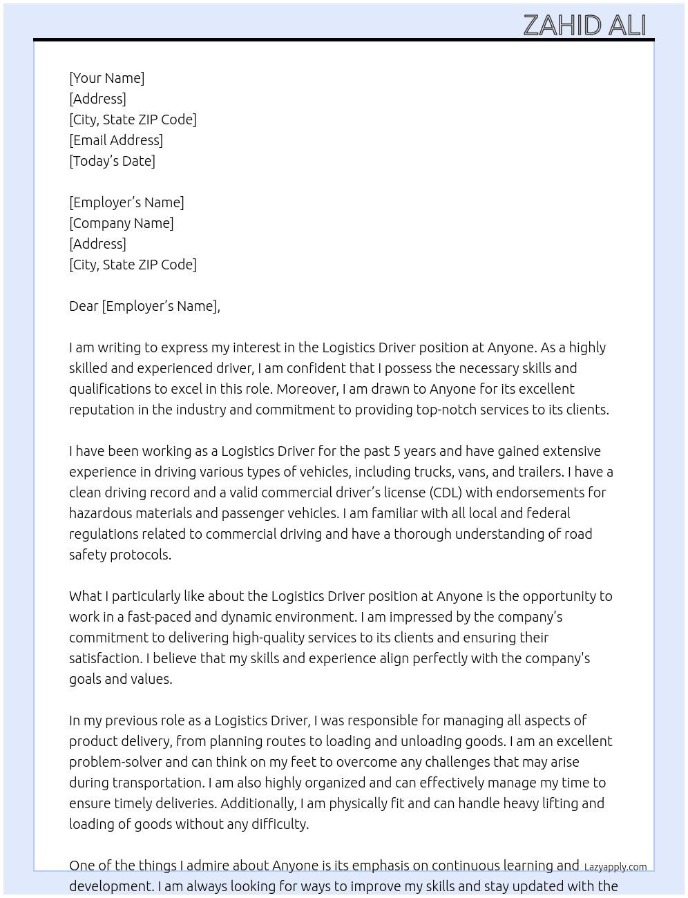 Logistics Driver  At Anyone  Cover Letter