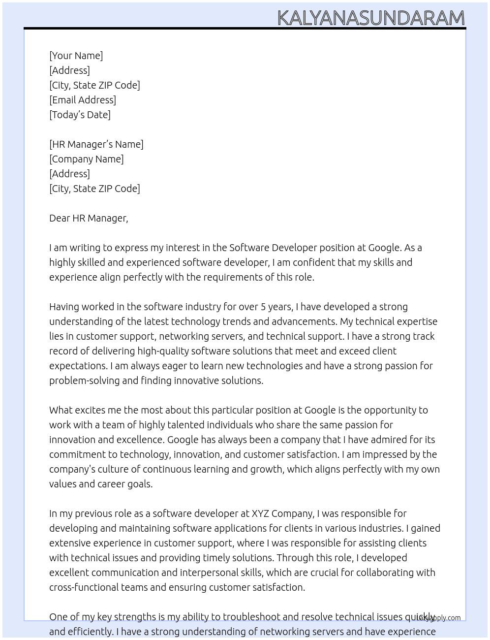 Software developer  At Googke Cover Letter
