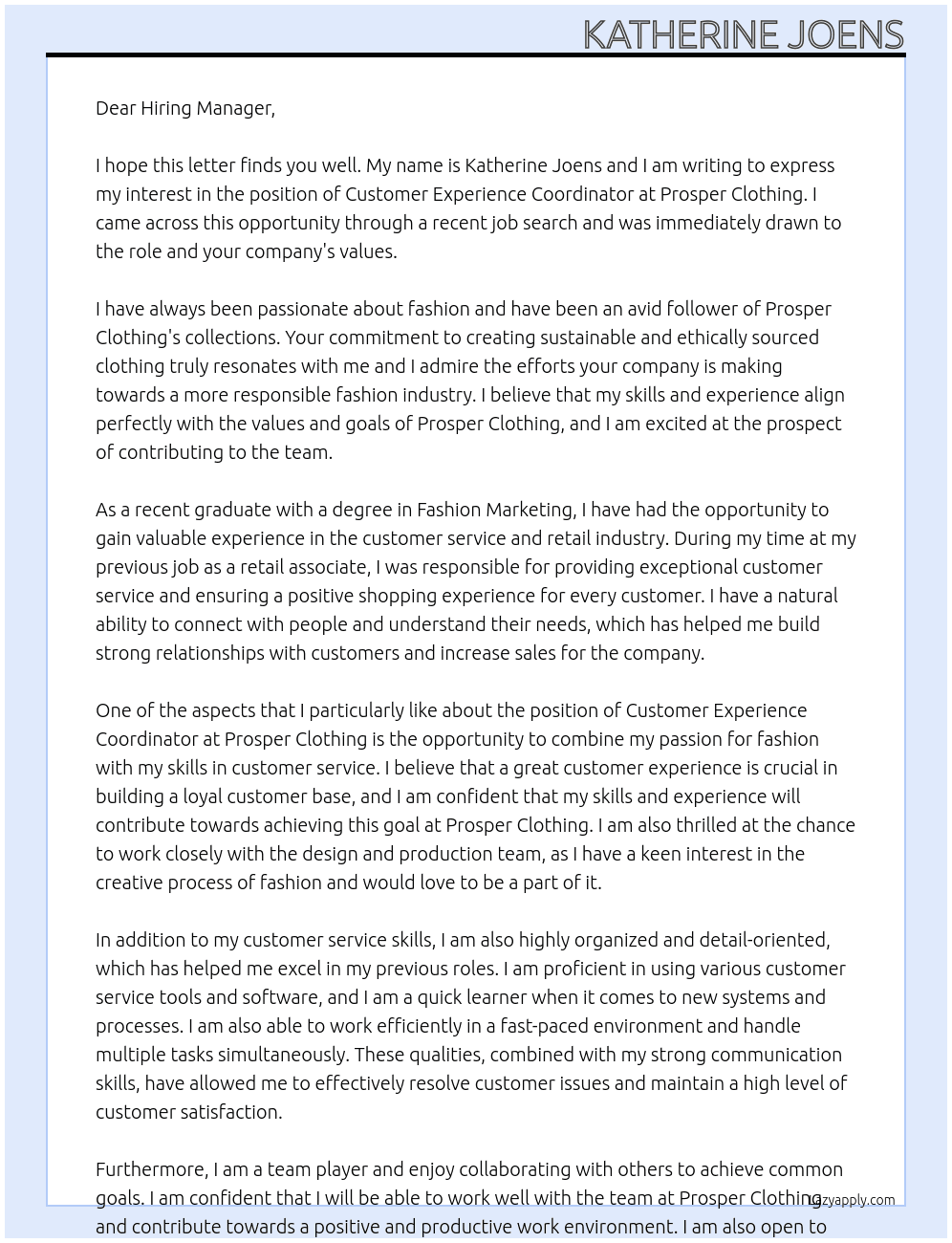 Customer Experience Coordinator  At Prosper Clothing  Cover Letter