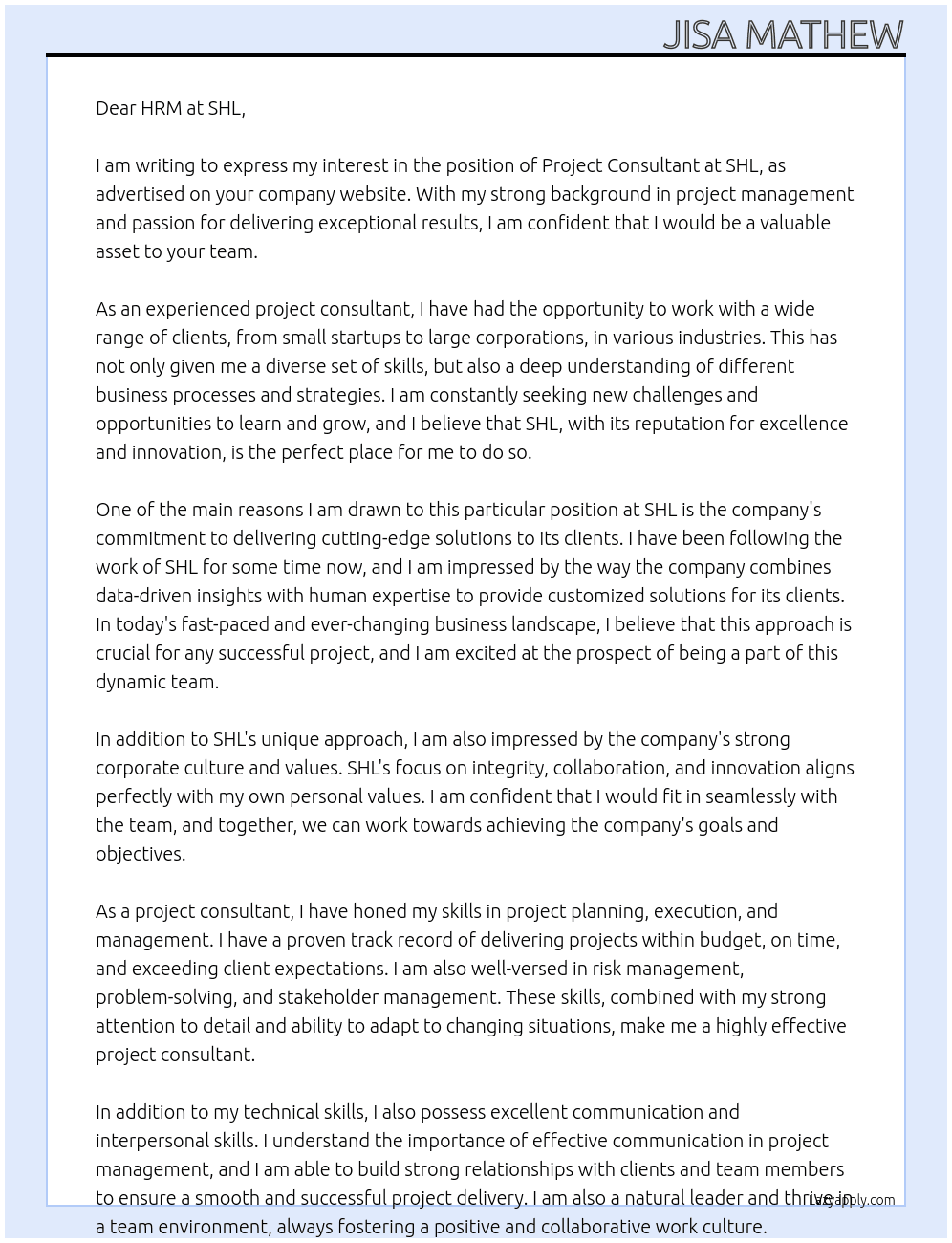 project consultant At SHL Cover Letter