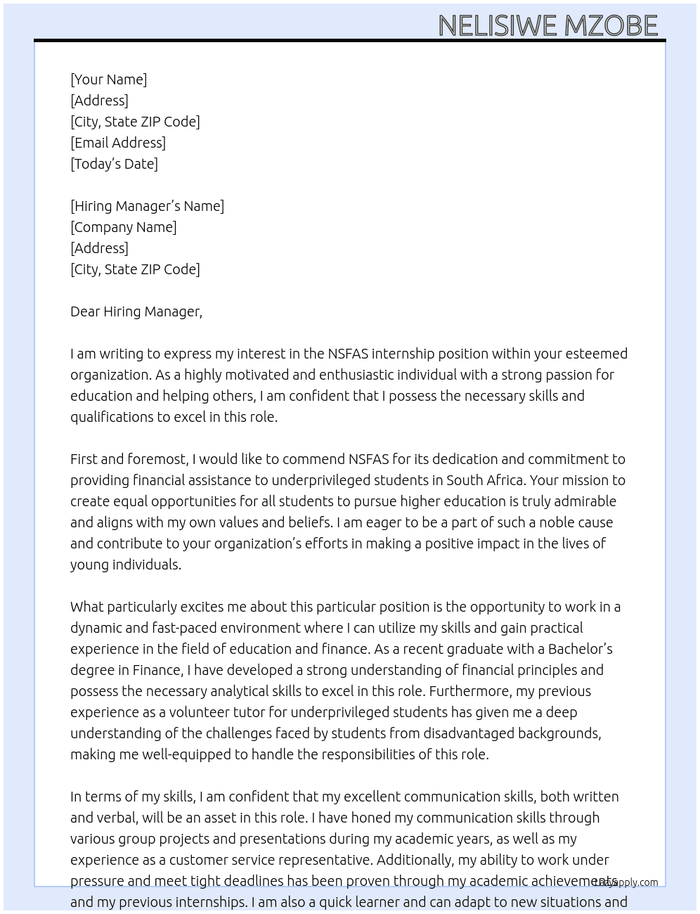 NSFAS intership At NSFAS Cover Letter