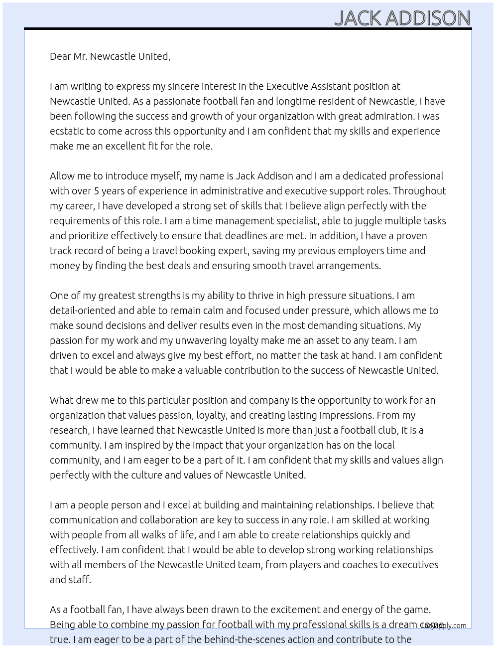 Exective Assitant At Newcastle United Cover Letter