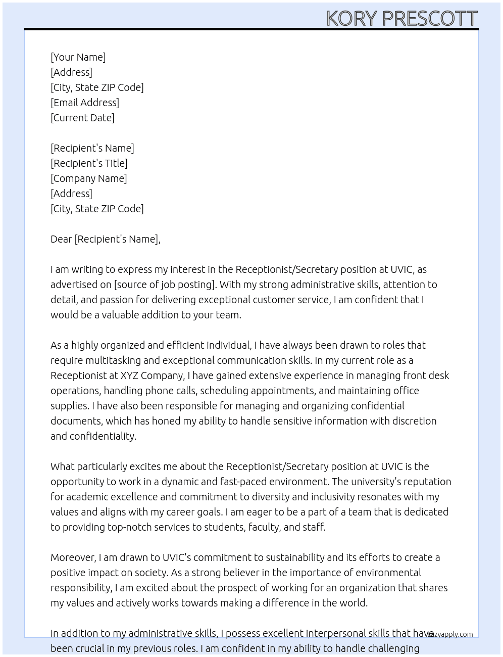 Receptionist/Secretary At UVIC Cover Letter