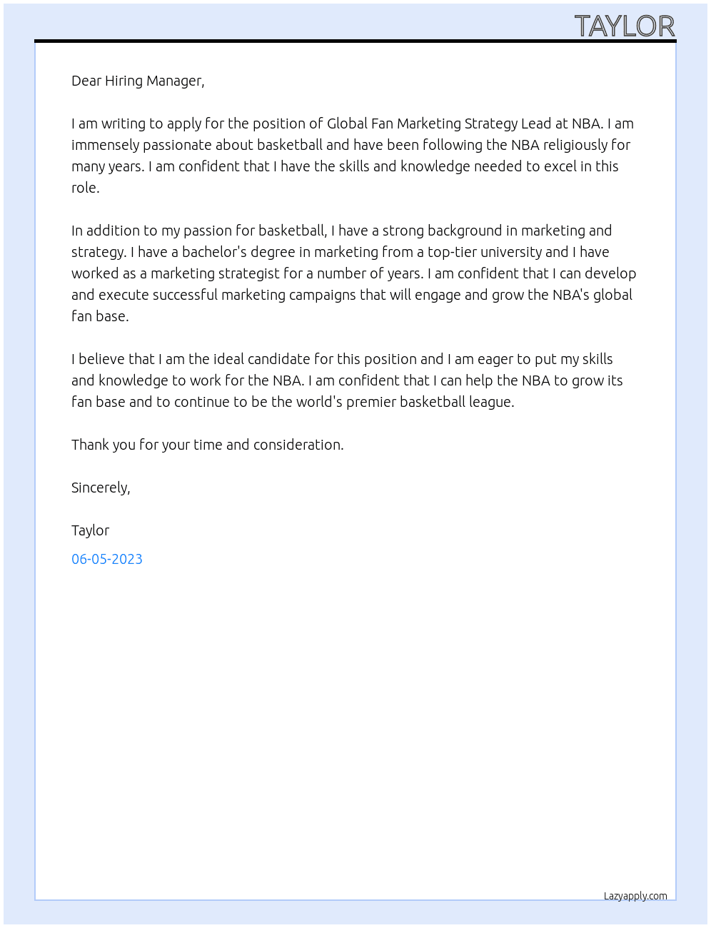 Global Fan Marketing Strategy Lead At NBA Cover Letter