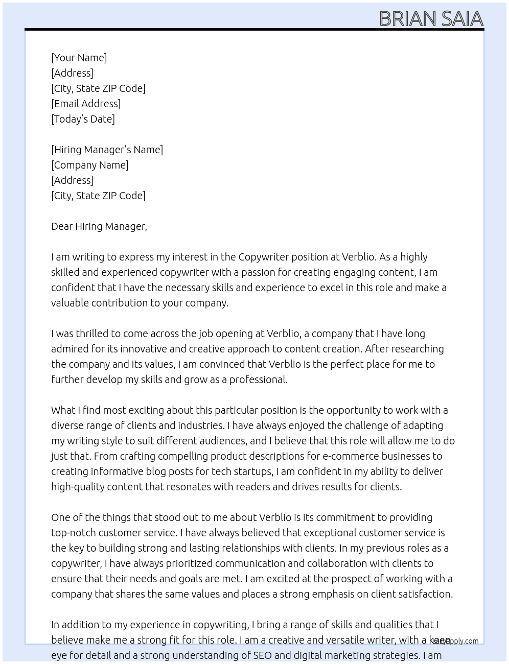 Copywriter At Verblio Cover Letter
