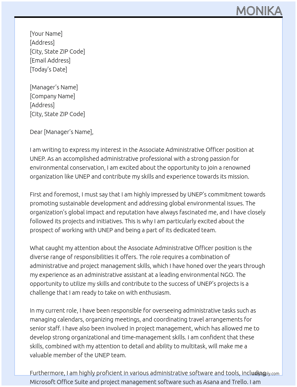 Associate Administrative Officer At UNEP Cover Letter
