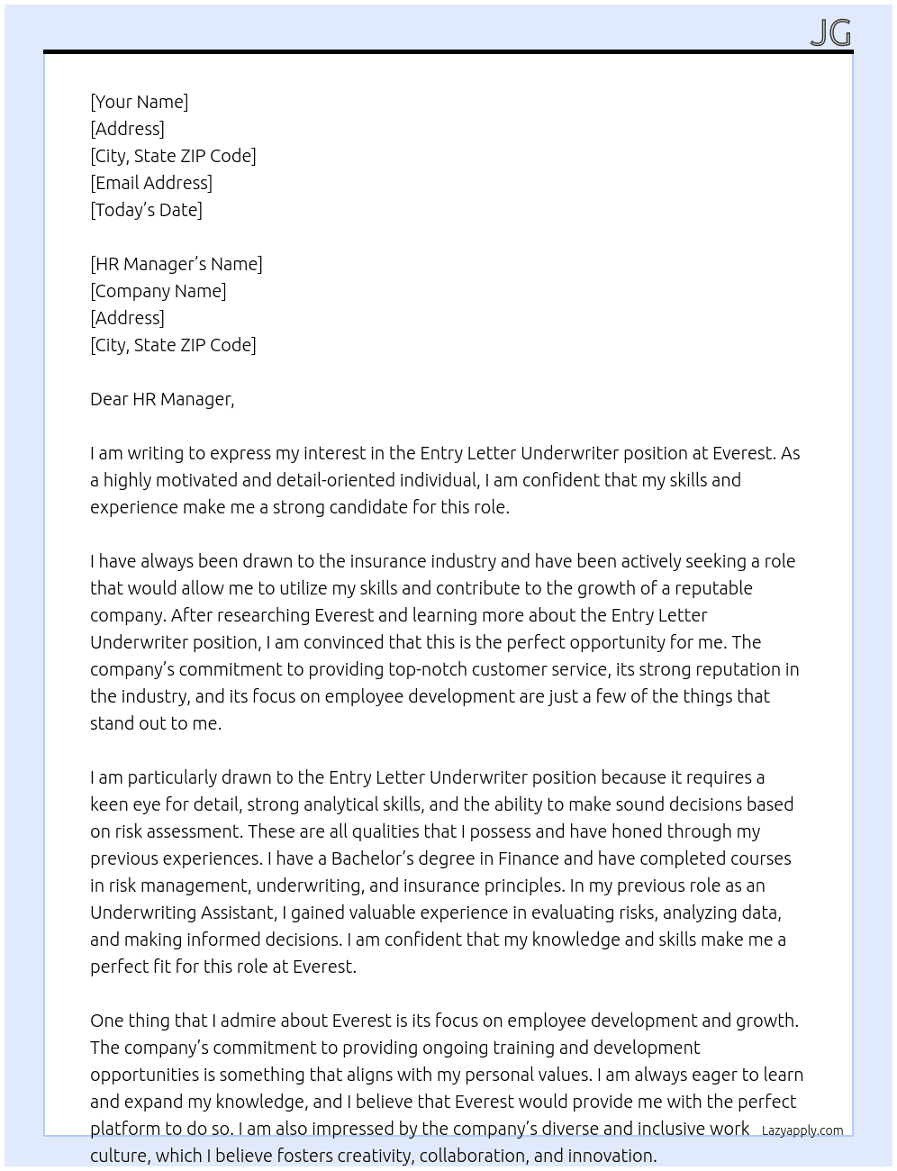 Entry Letter Underwriter At Everest Cover Letter