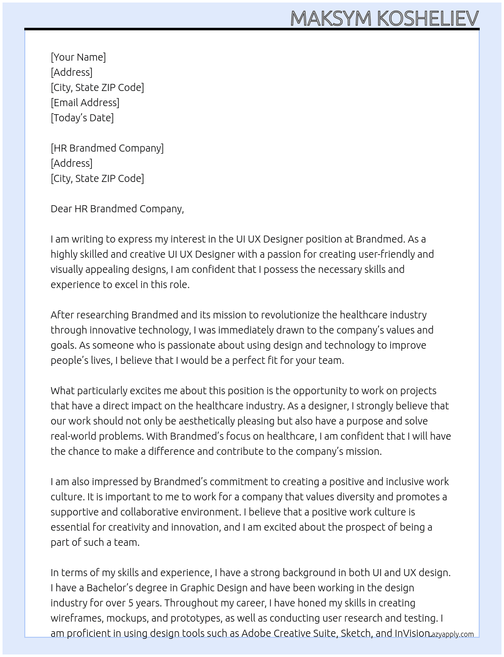 UI UX Designer At Brandmed Cover Letter