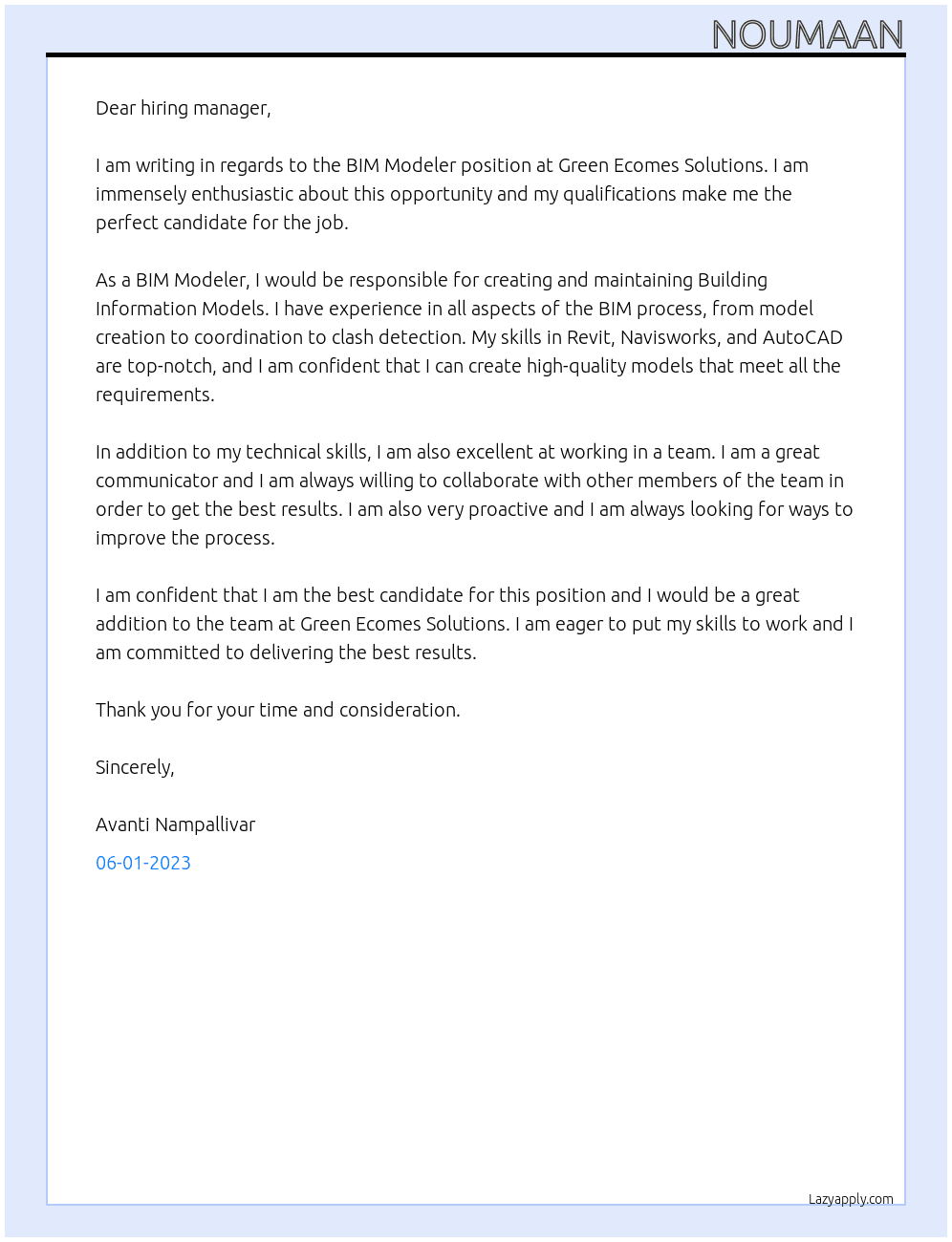 BIM MODELER At GREEN ECOMES SOLUTIONS Cover Letter