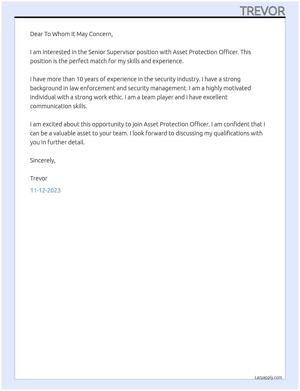 Senior Supervisor At Asset Protection Officer Cover Letter
