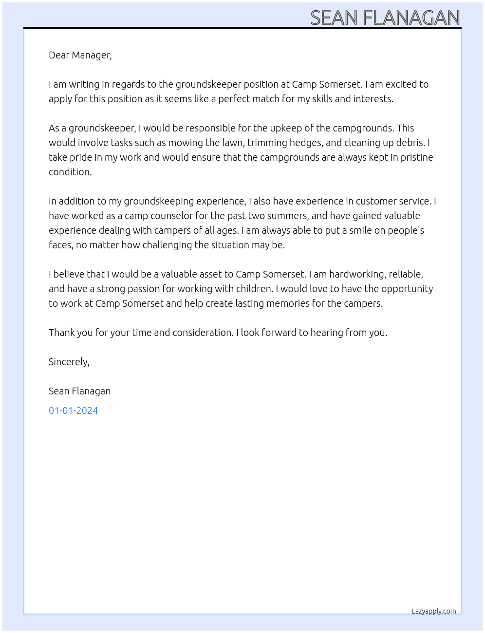 groundskeeper  At Camp Somerset Cover Letter