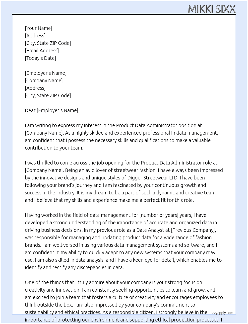 Product Data Administrator At Digger Streetwear LTD Cover Letter