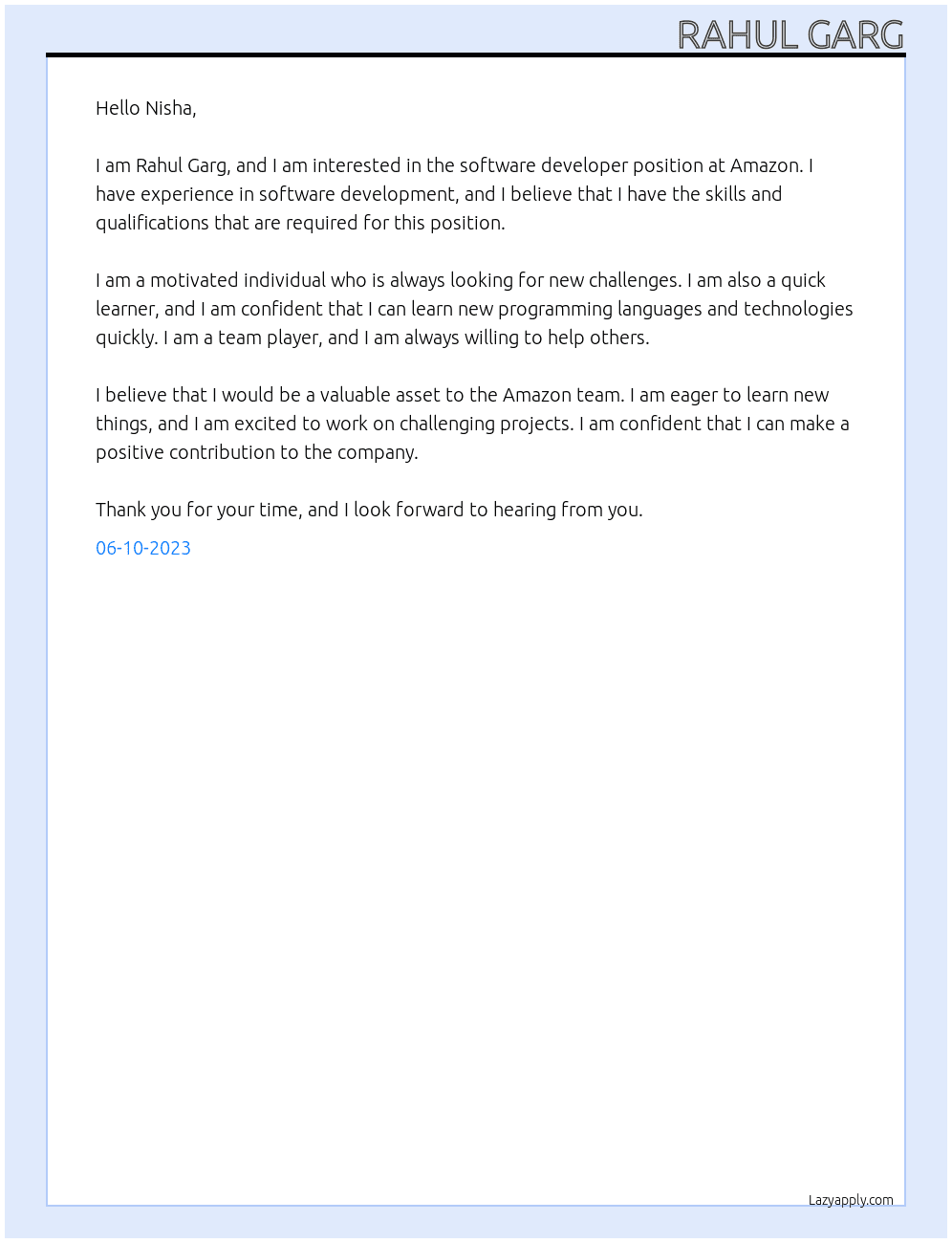 Software Devloper At Amazon Cover Letter