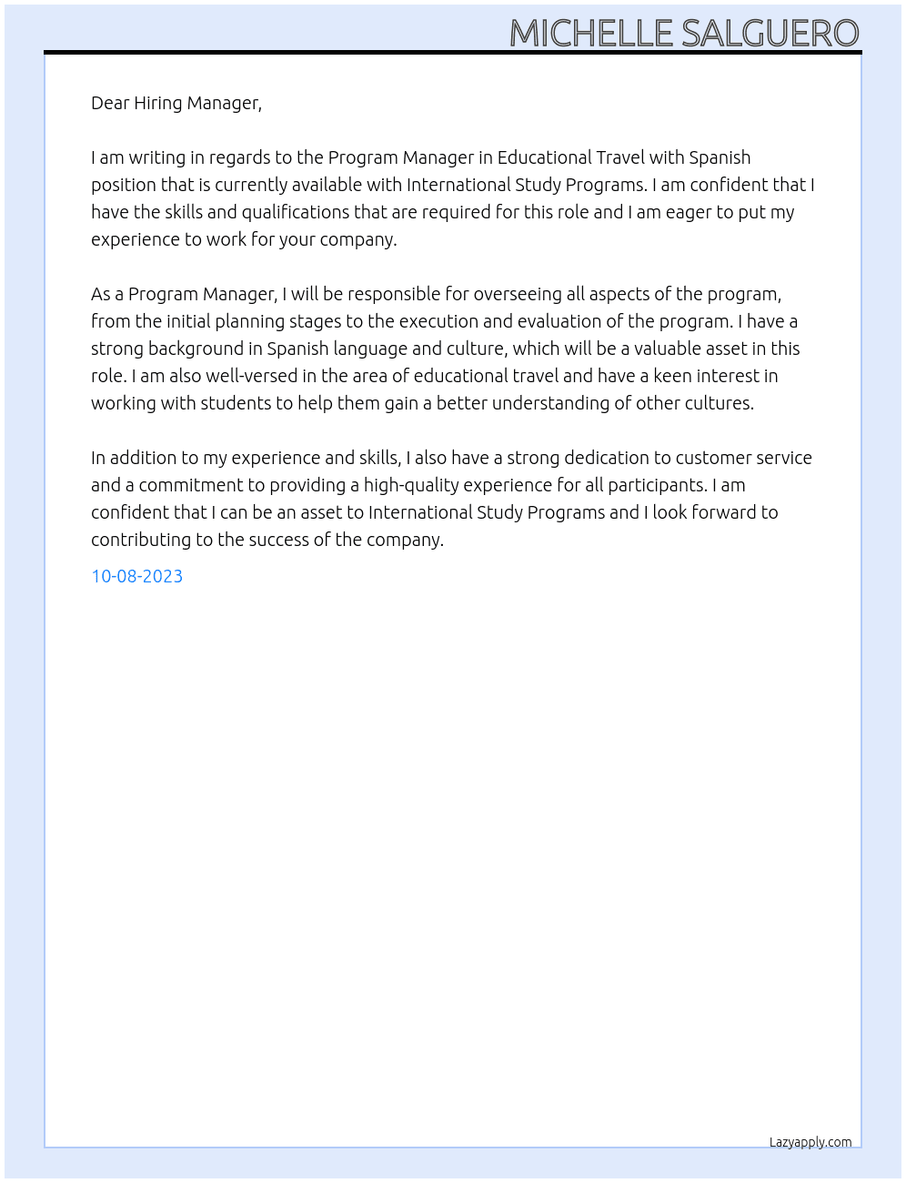 Program Manager in Educational Travel with Spanish  At International Study Programs Cover Letter