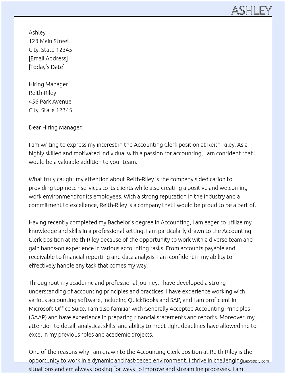 accounting clerk At Reith-Riley Cover Letter