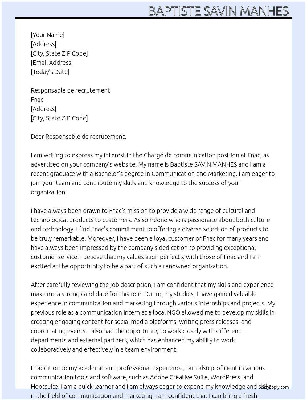 Chargé de communication  At Fnac Cover Letter