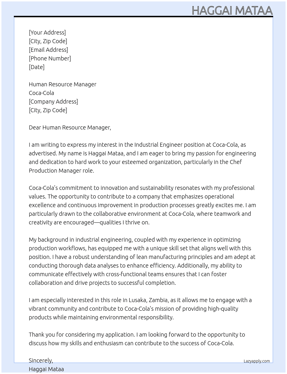 Industrial Engineer  At Coca cola Cover Letter