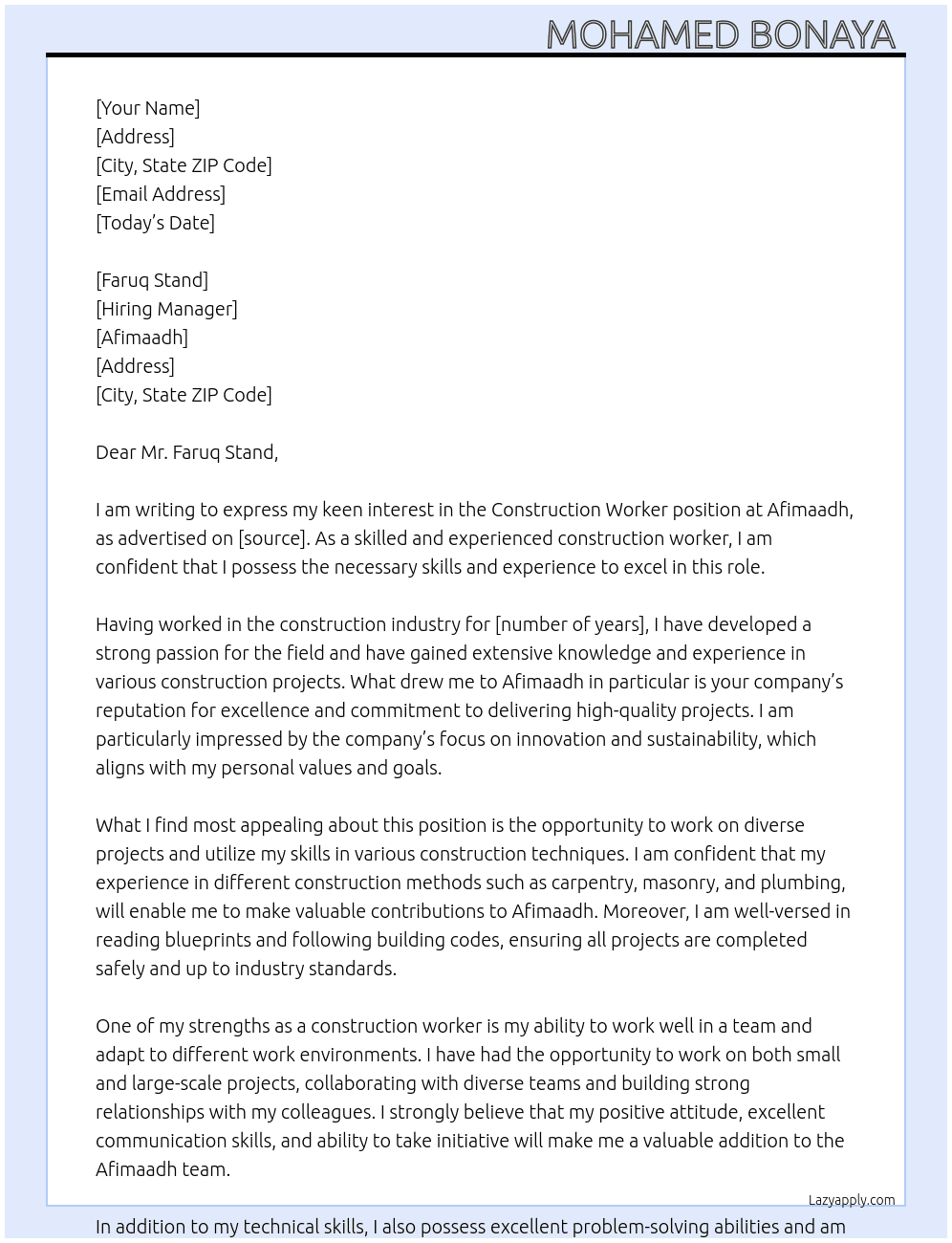 Construction worker  At Afimaadh Cover Letter