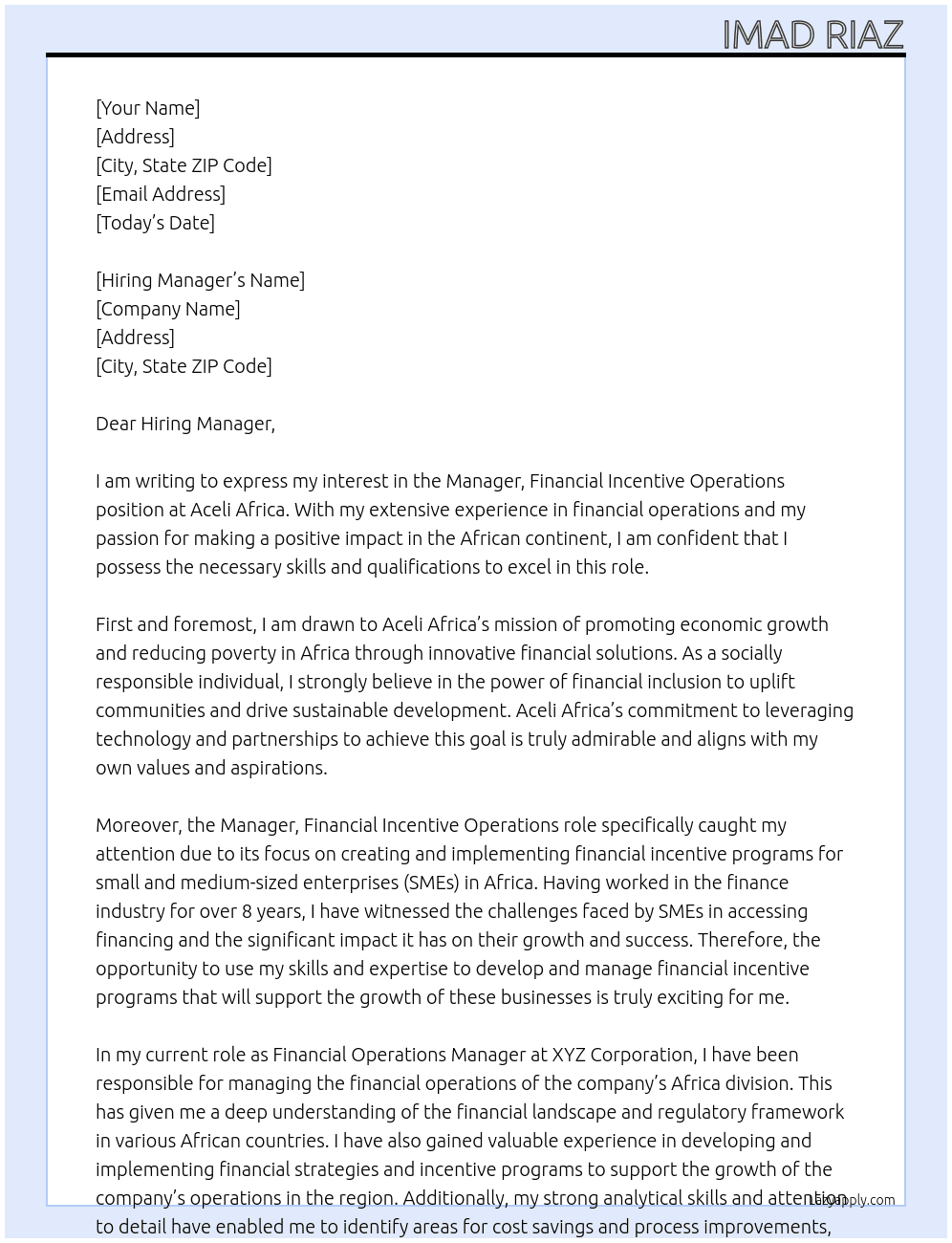 Manager, Financial Incentive Operations At Aceli Africa Cover Letter