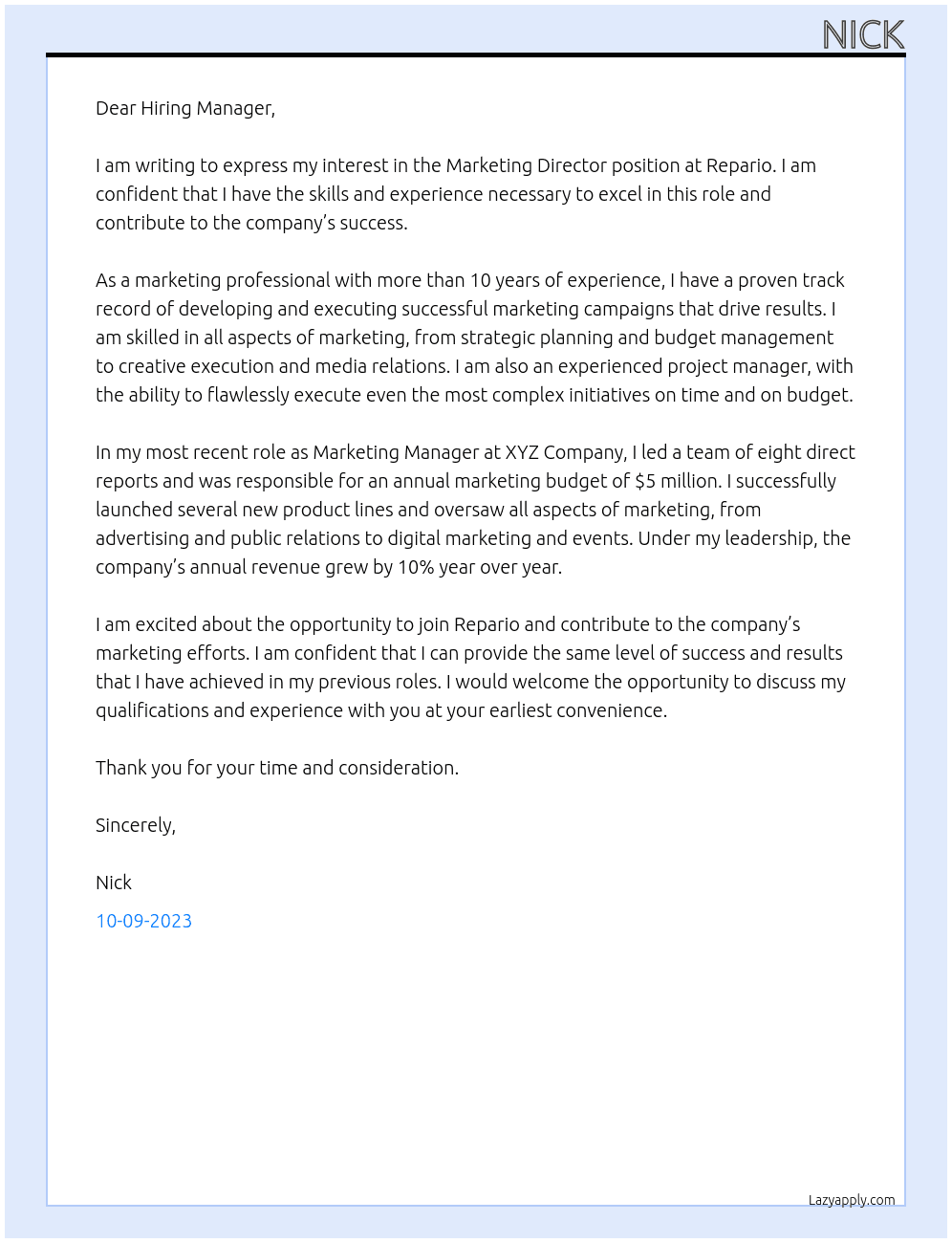 Marketing Director At Repario Cover Letter