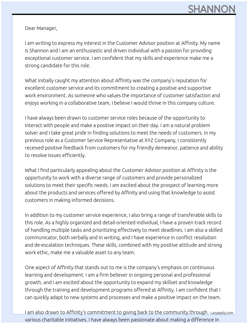 Customer advisor At Affinity Cover Letter