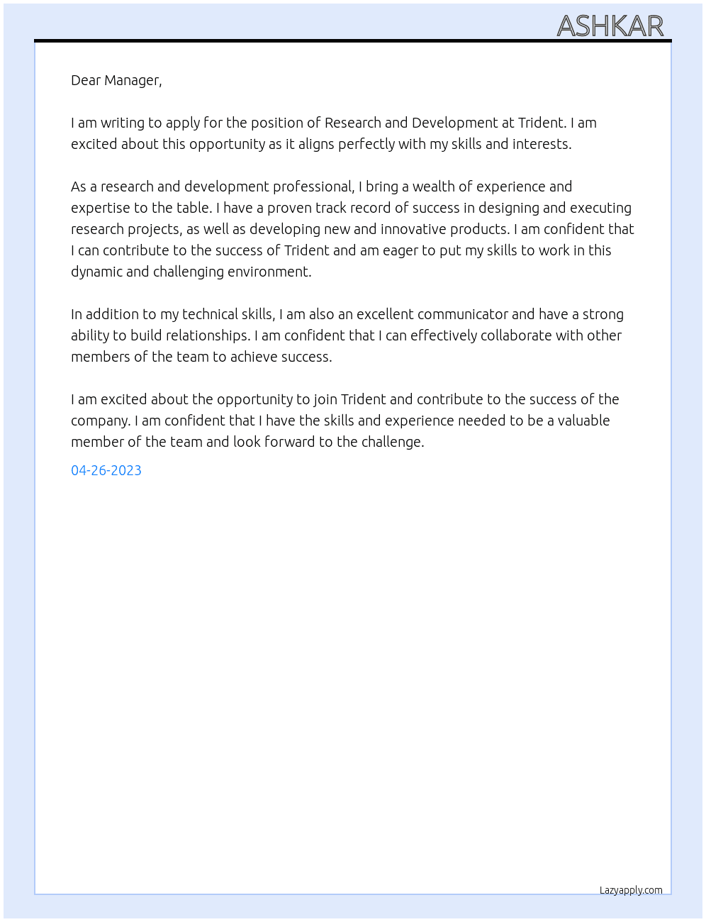 Research and development  At Trident  Cover Letter