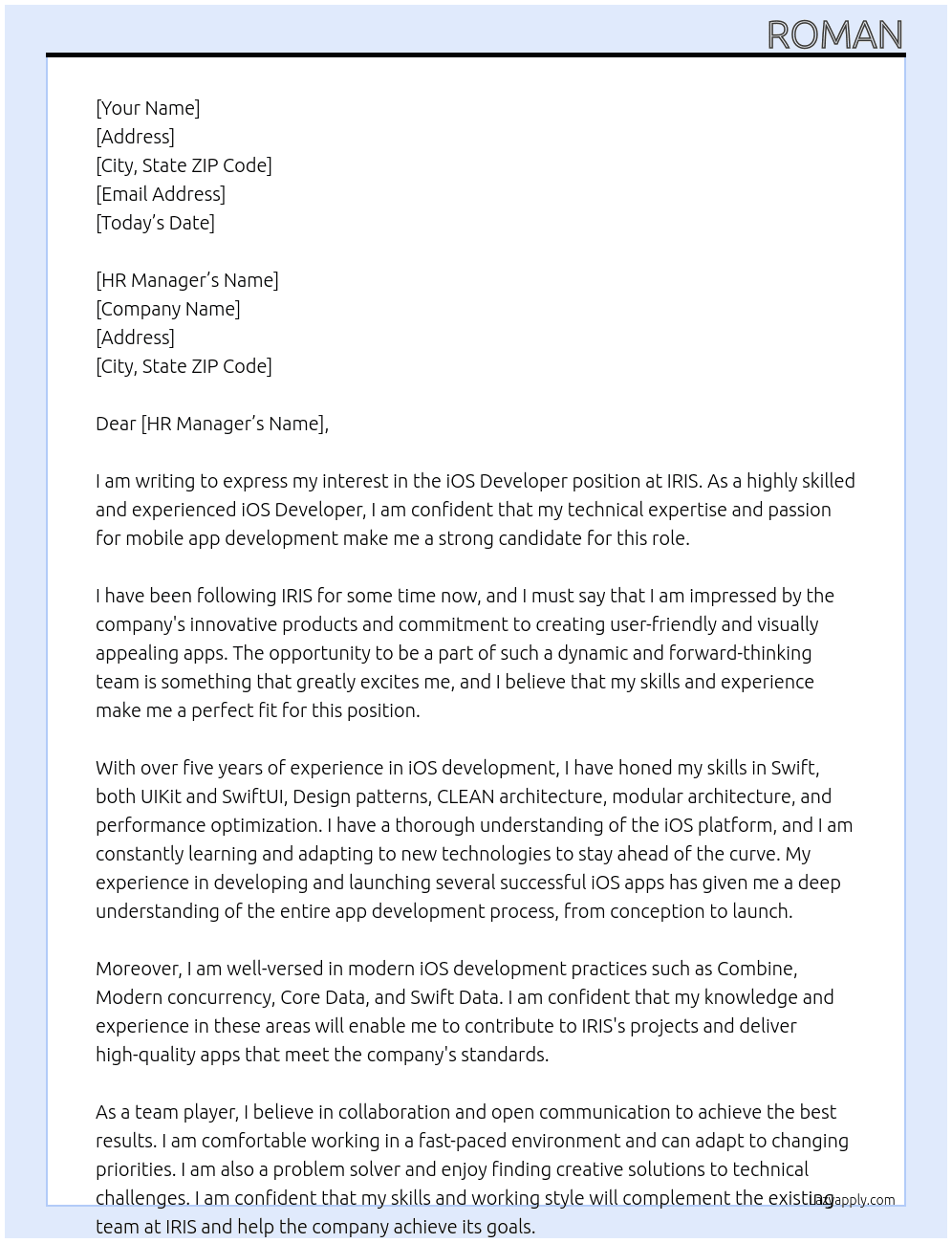 iOS Developer At IRIS Cover Letter