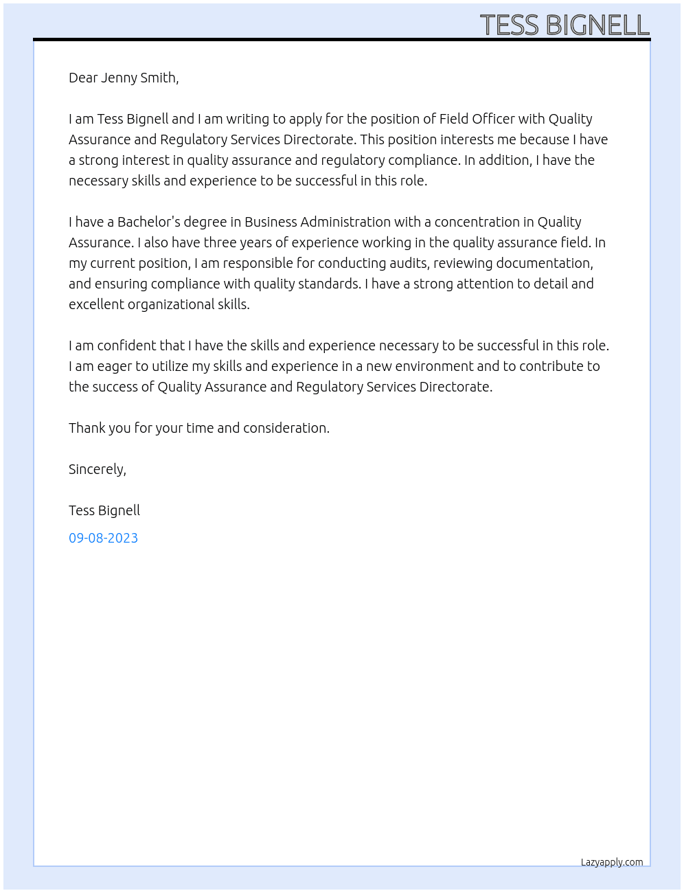 Feild Officer At Quality Assurance and Regulatory Services Directorate Cover Letter