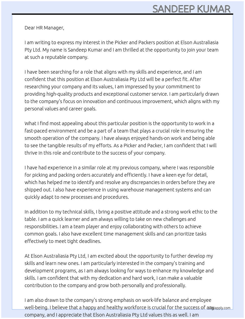 Picker and packers  At Elson Australiasia Pty Ltd Cover Letter