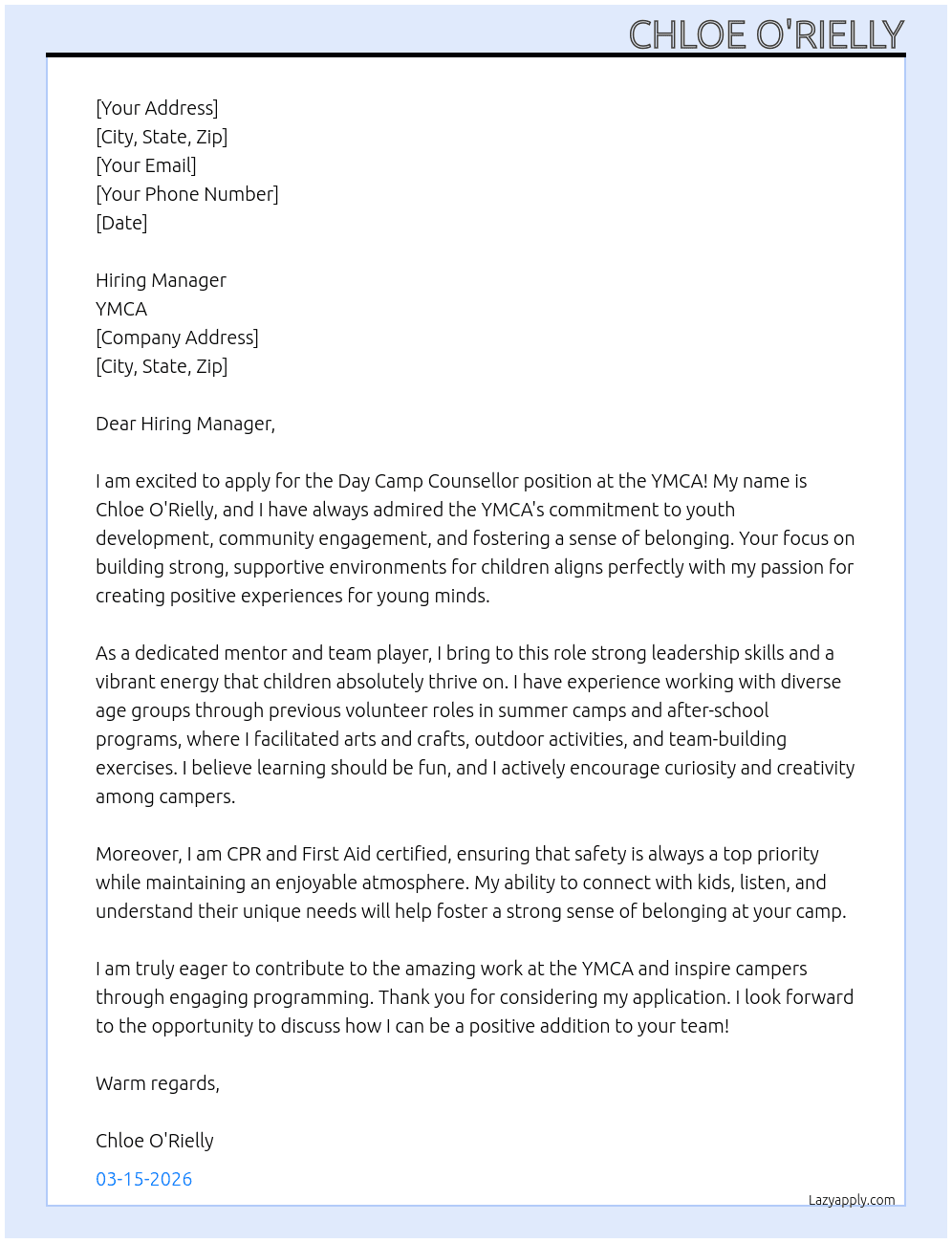 Day Camp Counsellor At YMCA Cover Letter