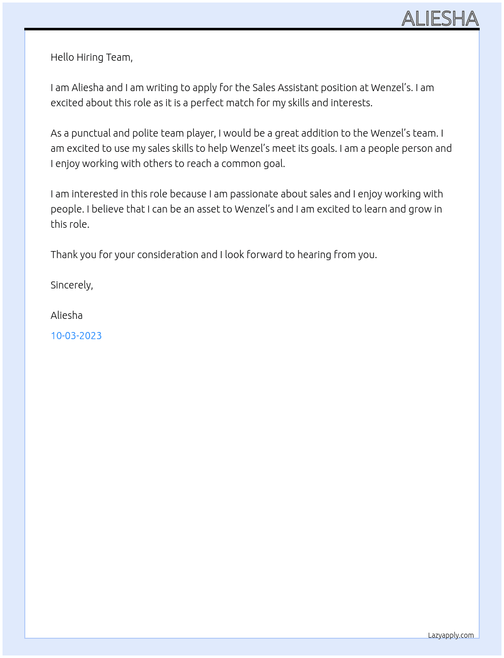 Sales Assistant  At Wenzel’s Cover Letter