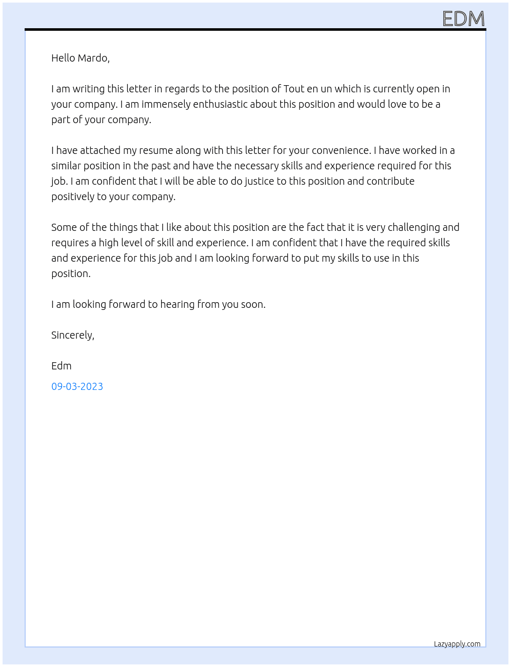 Tout en un  At Pv Cover Letter