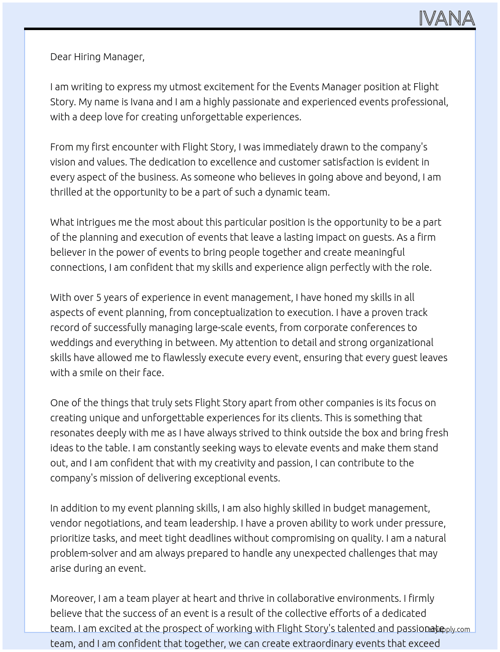 Events Manager At Flight Story Cover Letter