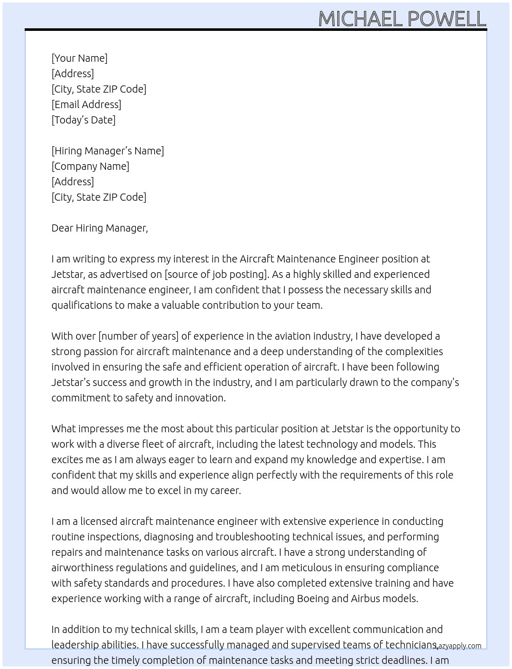 Aircraft maintenance engineer  At Jetstar  Cover Letter