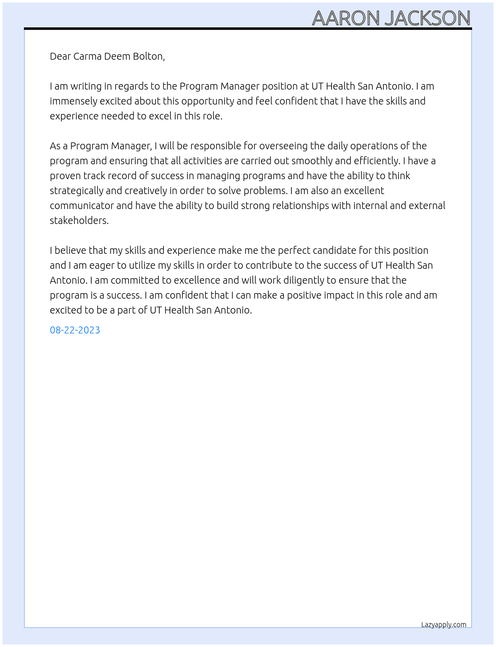 Program Manager At UT Health San Antonio Cover Letter