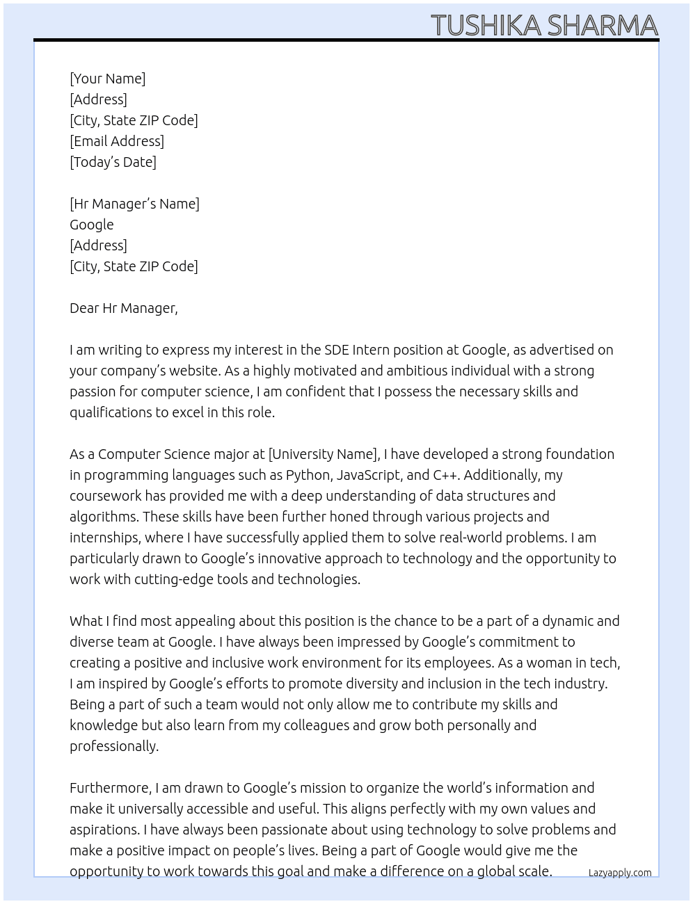 SDE Intern At Google  Cover Letter