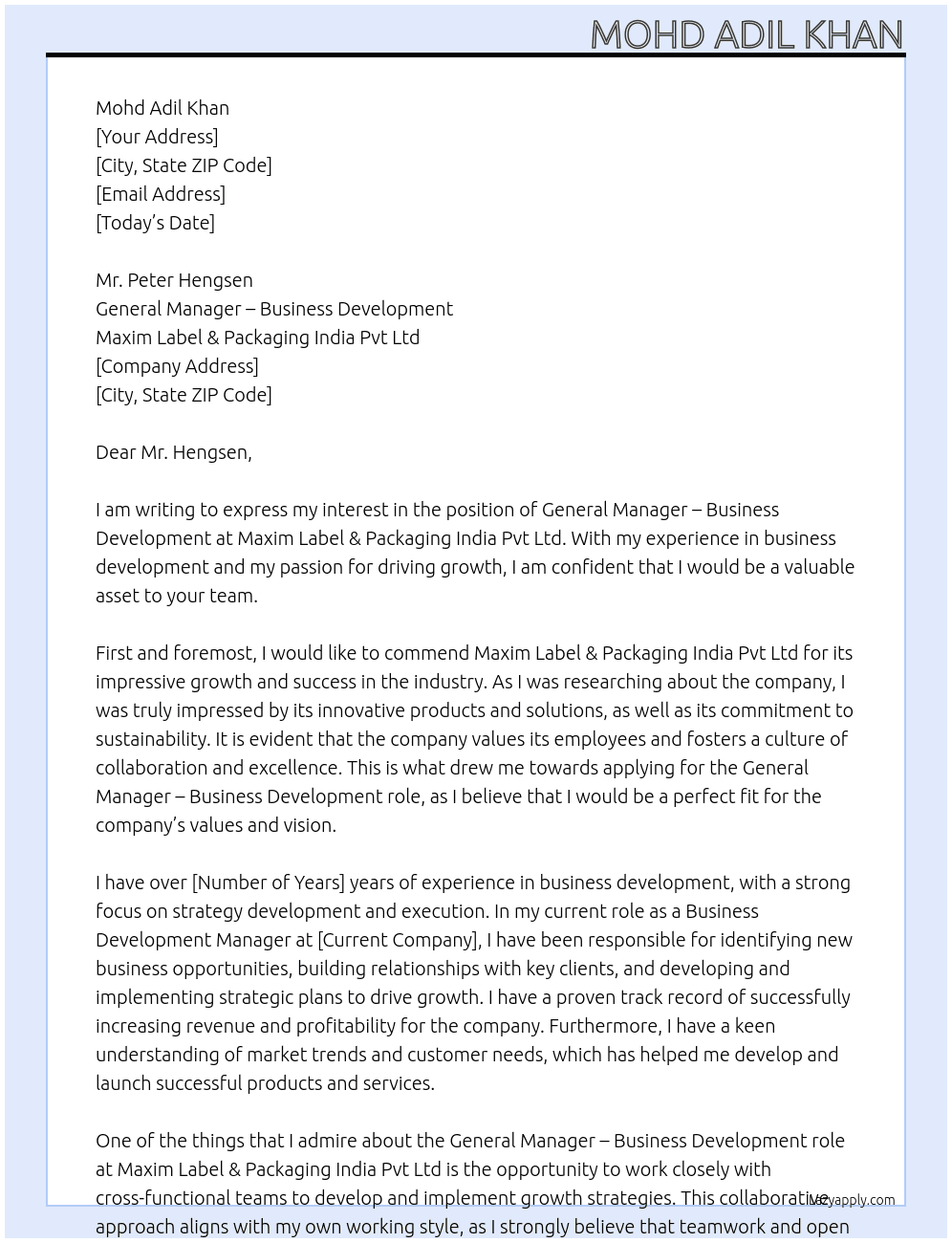 General Manager - Business Development At Maxim Label & Packaging India Pvt Ltd Cover Letter