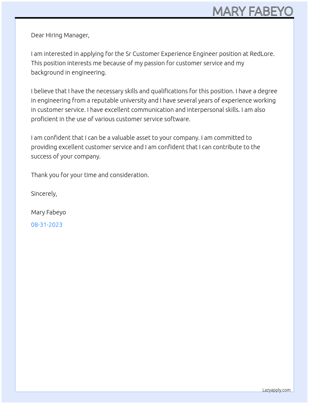 Sr Customer Experience Engineer At RedLore Cover Letter