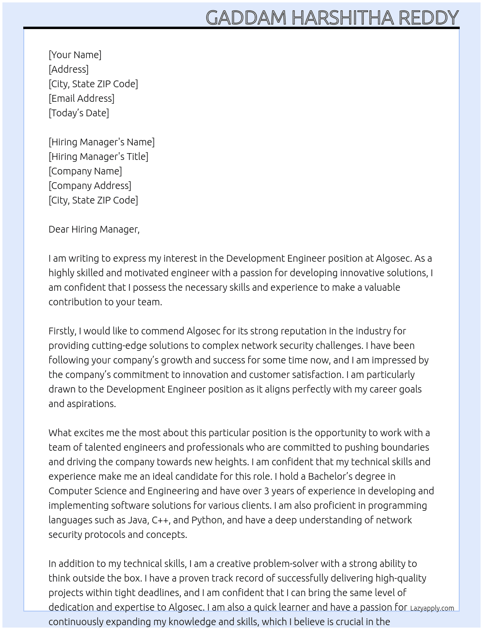 Cover letter for development engineer - LazyApply