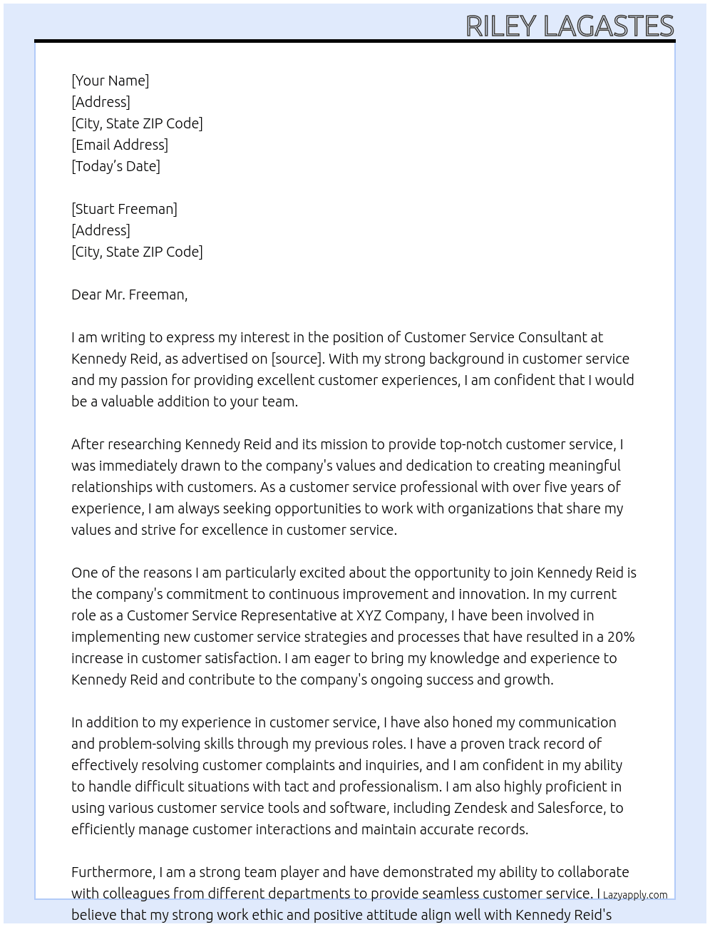 Customer Service Consultant At Kennedy Reid Cover Letter